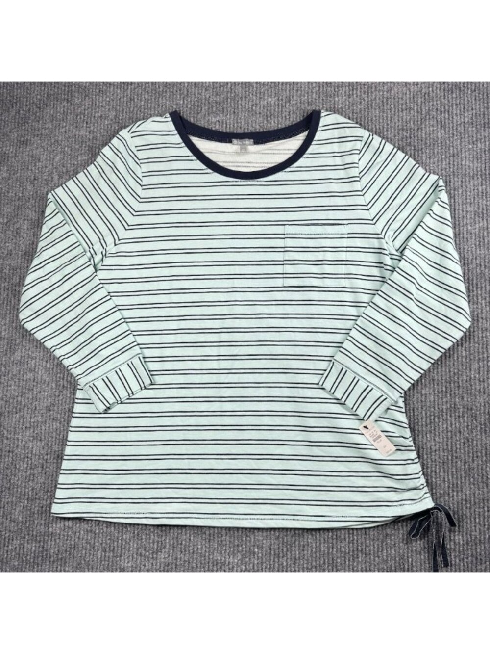 T By Talbots Top Womens 2X Mint Green Stripe Ruched Side Bow Long Sleeve Pocket